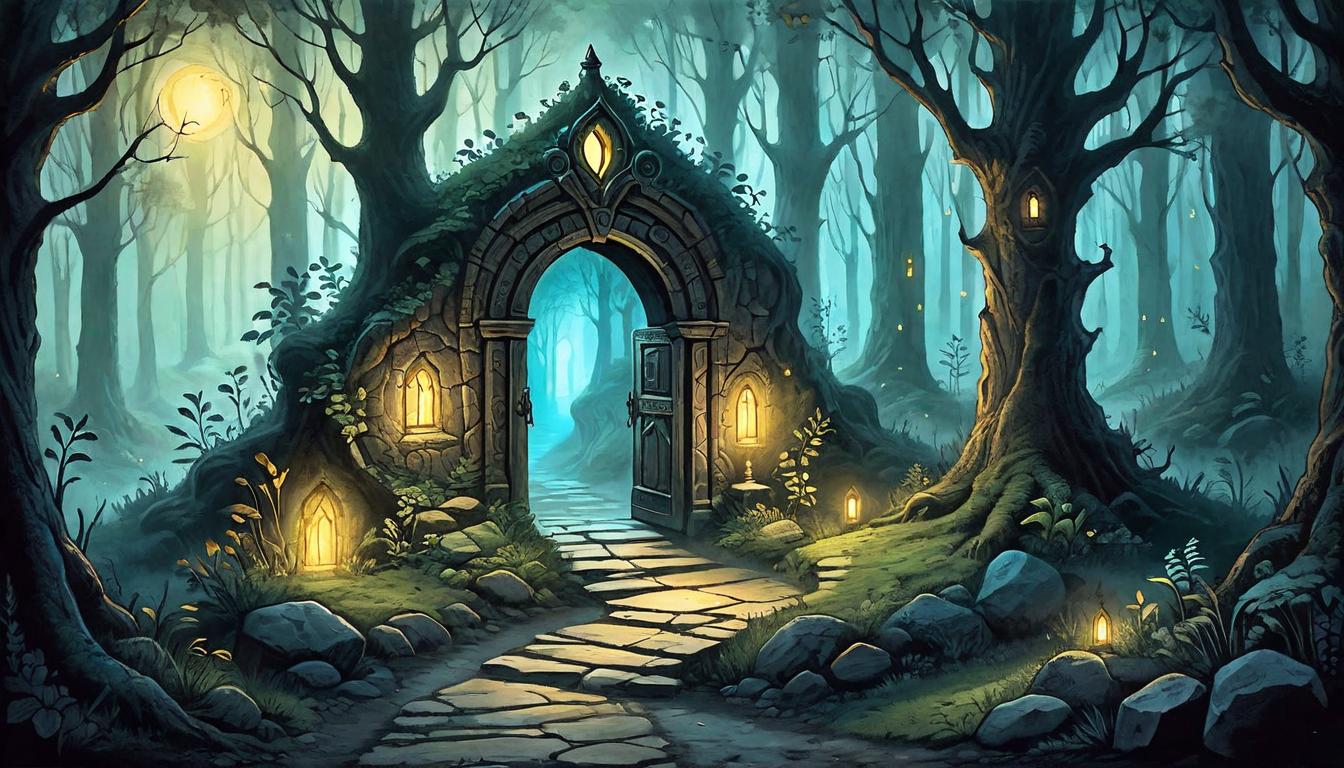  on parchment, surrealism+++, Illuminated pathway in a dark forest, lined with glowing stones, ends at a radiant, ethereal door, beckoning light, enchanted, hopeful(mysterious, provocative, symbolic,muted color)+++