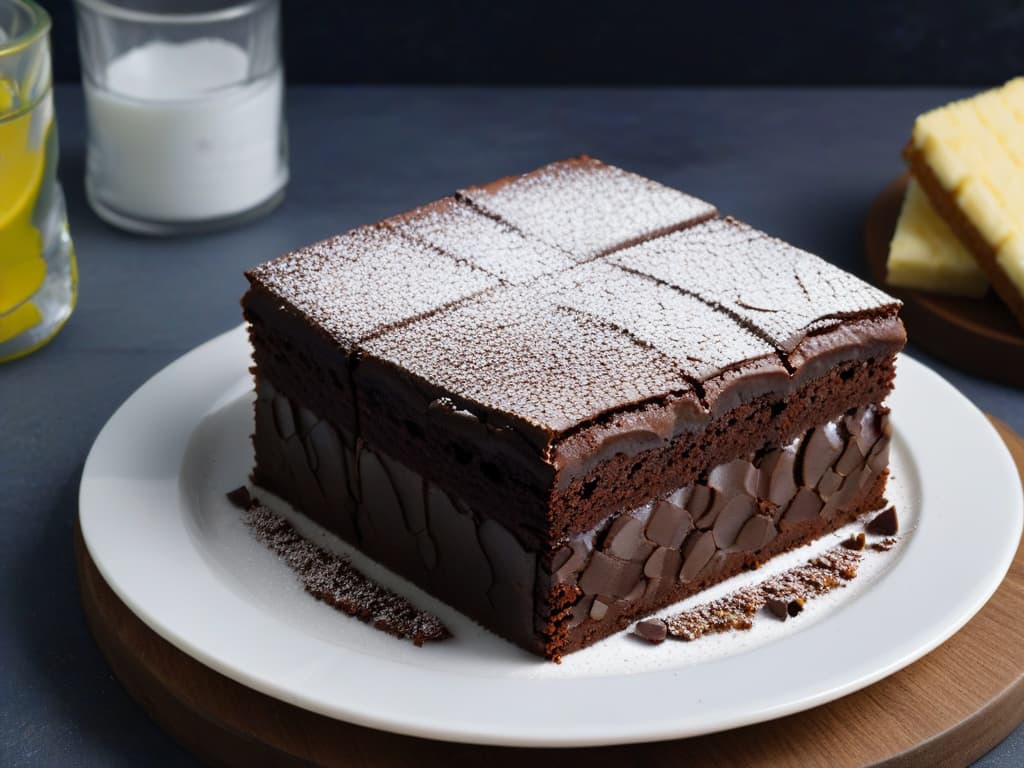  A closeup, ultradetailed image of a decadent, fudgy brownie square topped with a sprinkle of powdered sugar, positioned on a sleek, modern white plate against a dark backdrop. The brownie is perfectly cut to showcase its moist interior and rich texture, with small crumbs visible on the plate. The contrast between the dark, glossy brownie and the clean white plate enhances the minimalistic and professional aesthetic, making it visually appealing and inspiring for readers seeking a lowcalorie brownie recipe. hyperrealistic, full body, detailed clothing, highly detailed, cinematic lighting, stunningly beautiful, intricate, sharp focus, f/1. 8, 85mm, (centered image composition), (professionally color graded), ((bright soft diffused light)), volumetric fog, trending on instagram, trending on tumblr, HDR 4K, 8K