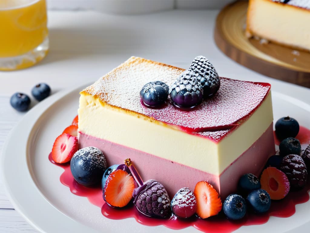  A closeup, ultradetailed image of a perfectly sliced piece of Tarta de Queso y Yogur Griego con Frutas del Bosque, showcasing layers of creamy cheesecake and vibrant mixed berries on a sleek, modern plate with a hint of mint garnish. The focus is on the textures of the dessert, highlighting the smoothness of the cheesecake, the freshness of the berries, and the elegant presentation, all against a clean, minimalistic backdrop to evoke a sense of sophistication and indulgence. hyperrealistic, full body, detailed clothing, highly detailed, cinematic lighting, stunningly beautiful, intricate, sharp focus, f/1. 8, 85mm, (centered image composition), (professionally color graded), ((bright soft diffused light)), volumetric fog, trending on instagram, trending on tumblr, HDR 4K, 8K