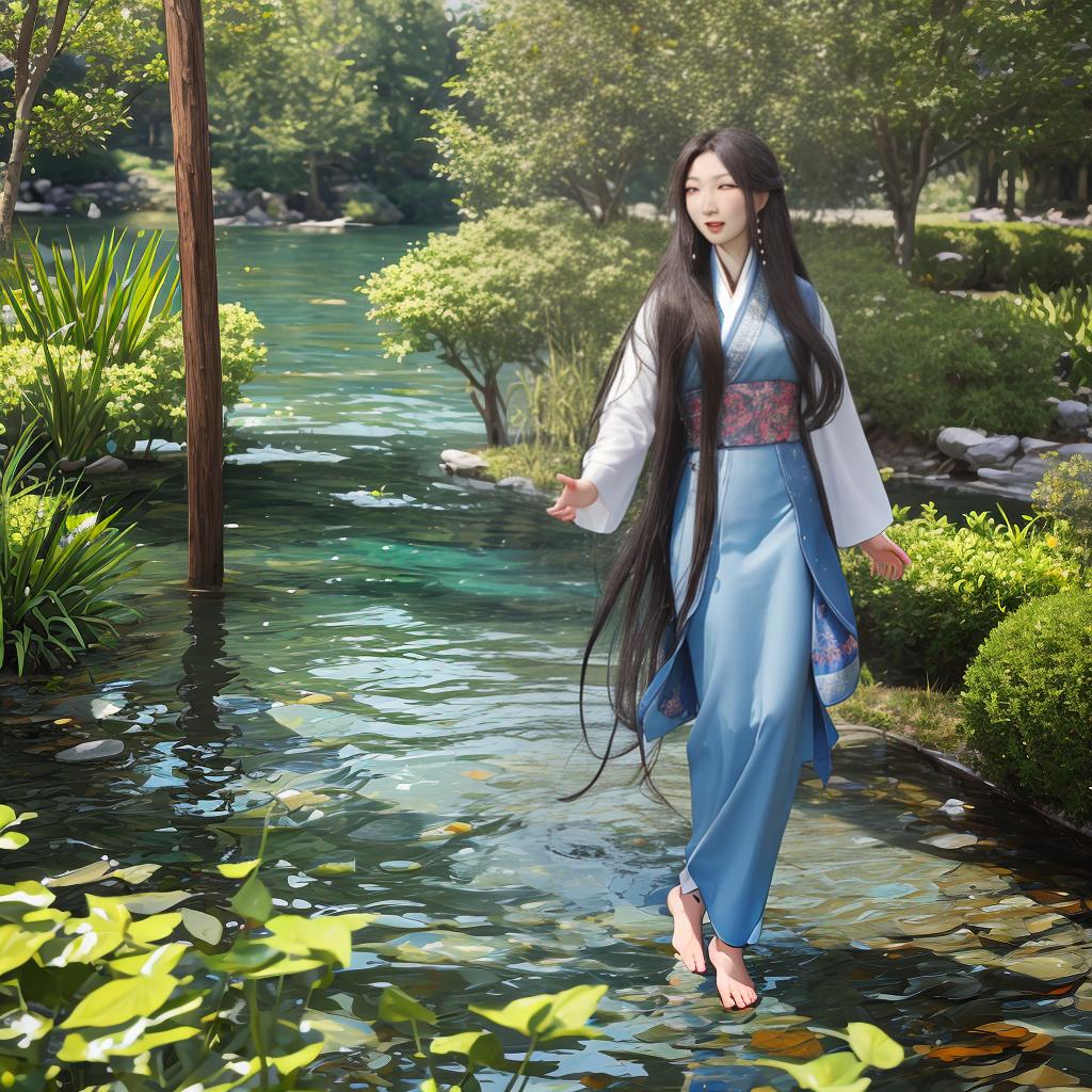  masterpiece, best quality, spawns a long-haired oriental beauty frolicking by the water