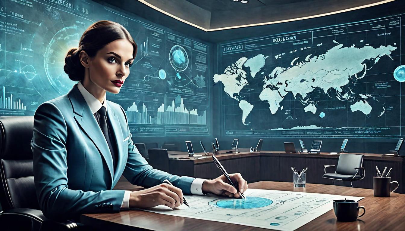  on parchment, surrealism+++, A business professional in a sleek modern boardroom, holographic charts and data projections surrounding, professional and efficient environment, dynamic and focused(mysterious, provocative, symbolic,muted color)+++