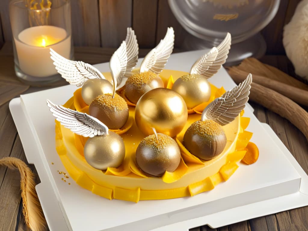  An ultradetailed illustration of a whimsical, minimalistic plate of golden snitch cake pops, each delicately adorned with edible wings made of shimmering silver fondant and dusted with edible golden glitter for a magical touch. The cake pops are arranged on a sleek, modern white plate, set against a soft focus background of a rustic wooden table, creating a visually striking and enchanting image that perfectly captures the essence of magical desserts inspired by Harry Potter. hyperrealistic, full body, detailed clothing, highly detailed, cinematic lighting, stunningly beautiful, intricate, sharp focus, f/1. 8, 85mm, (centered image composition), (professionally color graded), ((bright soft diffused light)), volumetric fog, trending on instagram, trending on tumblr, HDR 4K, 8K