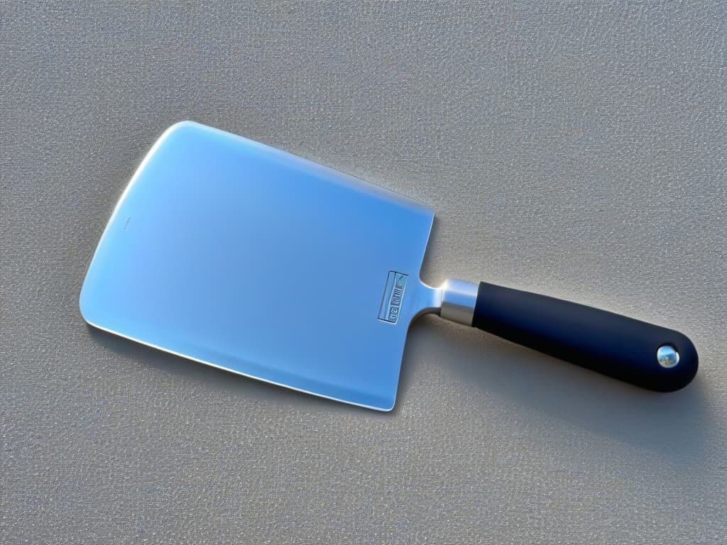  A closeup, ultradetailed image of a sleek, minimalist stainless steel offset spatula with a perfectly angled blade, showcasing its reflective surface and ergonomic handle design. hyperrealistic, full body, detailed clothing, highly detailed, cinematic lighting, stunningly beautiful, intricate, sharp focus, f/1. 8, 85mm, (centered image composition), (professionally color graded), ((bright soft diffused light)), volumetric fog, trending on instagram, trending on tumblr, HDR 4K, 8K