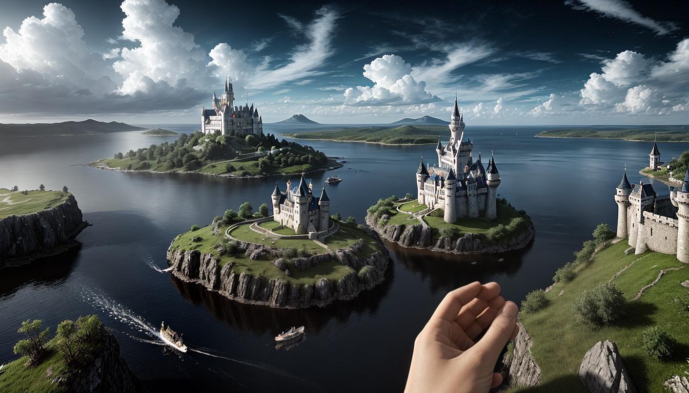  cinematic, aesthetic, two figures shaking hands, forming a bridge, floating islands with castles in the background, clouds swirling around, cooperative, harmonious, idyllic, 4k, HDR, lens flare