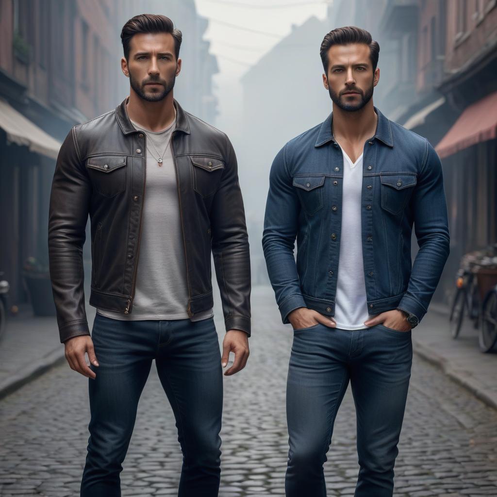  Photo shoot, two men, young, brunettes, thin, wearing everyday clothes, facing forward. hyperrealistic, full body, detailed clothing, highly detailed, cinematic lighting, stunningly beautiful, intricate, sharp focus, f/1. 8, 85mm, (centered image composition), (professionally color graded), ((bright soft diffused light)), volumetric fog, trending on instagram, trending on tumblr, HDR 4K, 8K