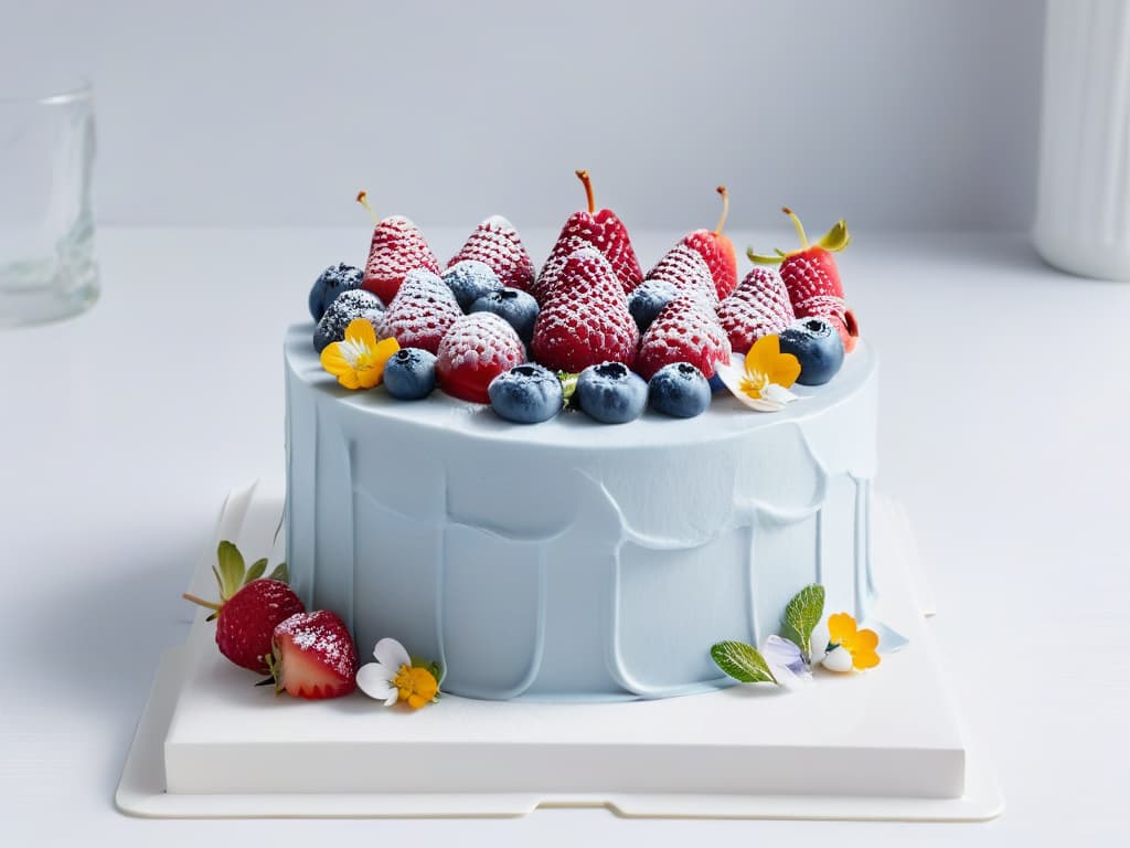  Imagine a minimalist yet captivating image of a beautifully frosted vegan cake, adorned with fresh berries and edible flowers, set against a clean white backdrop. The cake is elegantly decorated, showcasing intricate piping work and delicate detailing that highlights its vegan nature. The vibrant colors of the fruit pop against the white background, adding a touch of freshness and natural beauty to the scene. This image embodies the essence of vegan baking, combining artistry with simplicity to inspire and captivate the audience. hyperrealistic, full body, detailed clothing, highly detailed, cinematic lighting, stunningly beautiful, intricate, sharp focus, f/1. 8, 85mm, (centered image composition), (professionally color graded), ((bright soft diffused light)), volumetric fog, trending on instagram, trending on tumblr, HDR 4K, 8K