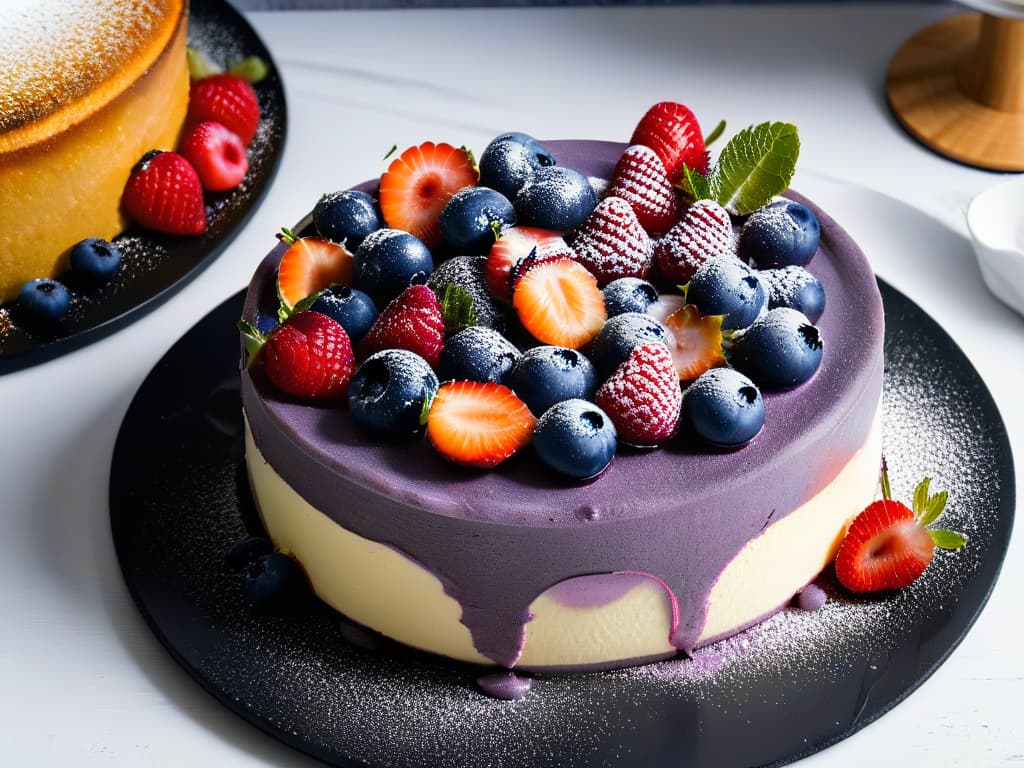  An ultradetailed closeup image of a perfectly golden, sugarfree keto cheesecake topped with fresh berries and a dusting of powdered erythritol, set on a sleek, matte black plate with a modern, minimalist aesthetic. The cheesecake is flawlessly smooth and creamy, with each berry glistening under soft lighting, showcasing the intricate textures and vibrant colors of this delectable keto dessert. hyperrealistic, full body, detailed clothing, highly detailed, cinematic lighting, stunningly beautiful, intricate, sharp focus, f/1. 8, 85mm, (centered image composition), (professionally color graded), ((bright soft diffused light)), volumetric fog, trending on instagram, trending on tumblr, HDR 4K, 8K