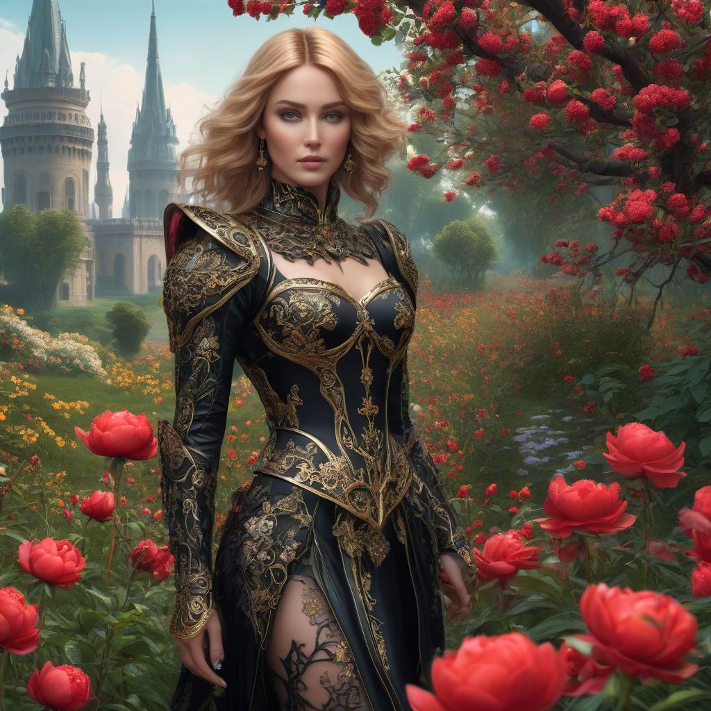  A girl in armor. Grown up face girl. A black sword with gold details. Fire. The rigor of the lines. Power. The sword gives off electric shocks. Highly detailed, highly detailed, highly detailed image and all details. ((Sparkling rim)): spring field, hyacinths, roses, rosehips, rose hips, peonies, cherry tree, yellow, red, black flowers, forget me nots. Nature in the background, spring, delight. Luxury, richness. High quality. Swarovski, pandora. The Emerald Palace, the towers. Holobue sky. Golden spires, Gothic style. Fantasy, fairy tale. Poppy field in front of palace. Emerald stones, Green Alley.Luxury, wealth. spring field, hyacinths, roses, rosehips, rose hips, peonies, cherry tree, yellow, red, black flowers, forget me nots. Honoré  hyperrealistic, full body, detailed clothing, highly detailed, cinematic lighting, stunningly beautiful, intricate, sharp focus, f/1. 8, 85mm, (centered image composition), (professionally color graded), ((bright soft diffused light)), volumetric fog, trending on instagram, trending on tumblr, HDR 4K, 8K