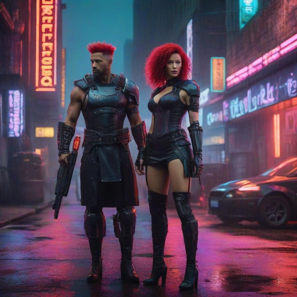  neon noir Red Haired, Warrior, old man, armor, violet hair, dress, grandmother, two people, family photo . cyberpunk, dark, rainy streets, neon signs, high contrast, low light, vibrant, highly detailed hyperrealistic, full body, detailed clothing, highly detailed, cinematic lighting, stunningly beautiful, intricate, sharp focus, f/1. 8, 85mm, (centered image composition), (professionally color graded), ((bright soft diffused light)), volumetric fog, trending on instagram, trending on tumblr, HDR 4K, 8K