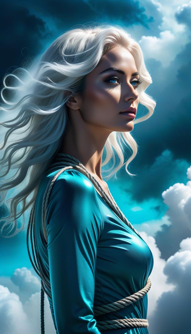  sci fi style "A girl's silhouette appears from the clouds in the sky, dark clouds are entwined with each other with a strong rope with her. Ultra realistic photo, ultra detailed skin, long white hair, highly detailed texture, soft light, saturation, contrast, (masterpiece), ultra full HD 4K, sharp focus, noise reduction, behind the girl an extraordinary cosmos, Beautiful girl silhouette interwoven with bursts of colored liquid, a mysterious look deep in the bursts of colored liquid, in turquoise and sapphire tones, the contours of her face and hair appear, a soft gradient, soft shadows, behind the cosmic views in the sky, mist, inspired by the most beautiful girls from Hollywood, an atmosphere of bliss and happiness, a mysterious look from hyperrealistic, full body, detailed clothing, highly detailed, cinematic lighting, stunningly beautiful, intricate, sharp focus, f/1. 8, 85mm, (centered image composition), (professionally color graded), ((bright soft diffused light)), volumetric fog, trending on instagram, trending on tumblr, HDR 4K, 8K