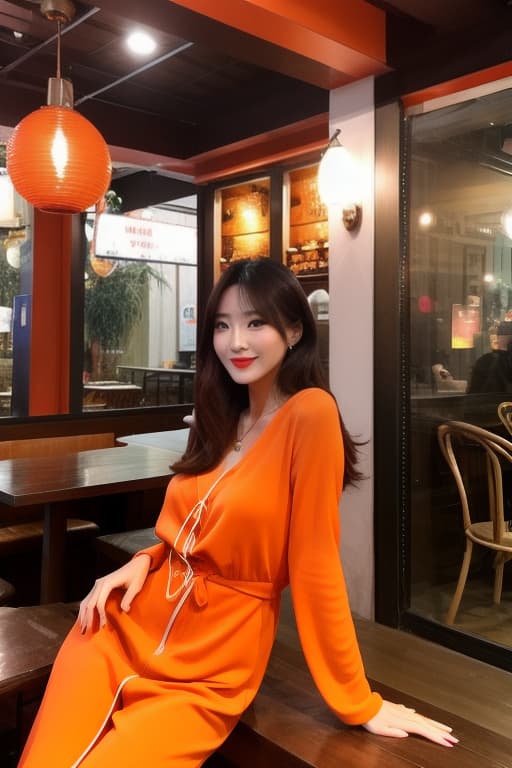  a trendy Jakarta South girl wearing an orange outfit sitting casually in a Kemang cafe, trending on instagram