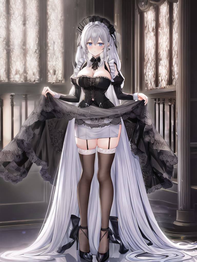  1 Woman, Anime style, with long silver hair and curly twin tails, age 20 25, , shy, cute, radiant blue eyes, Maid, room, wearing nothing but and black lace and black with lacy black stockings, Ear piercings, size, big s and they are visible through cloths, black high heels with a red sole, , ((full body)), (((hdr, masterpiece, highest resolution, best quality, beautiful, raw image))), (((extremely detailed, rendered))), full body, beautiful detailed clothing, highly detailed, detailed face hyperrealistic, full body, detailed clothing, highly detailed, cinematic lighting, stunningly beautiful, intricate, sharp focus, f/1. 8, 85mm, (centered image composition), (professionally color graded), ((bright soft diffused light)), volumetric fog, trending on instagram, trending on tumblr, HDR 4K, 8K