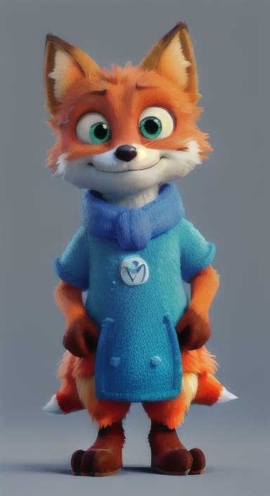  {Error the fox pressing the blue button with his paw, looking puzzled as nothing occurs., Error is a small, bright orange fox with a fluffy tail and big, inquisitive eyes. He has a mischievous yet kind expression and wears a tiny green scarf.