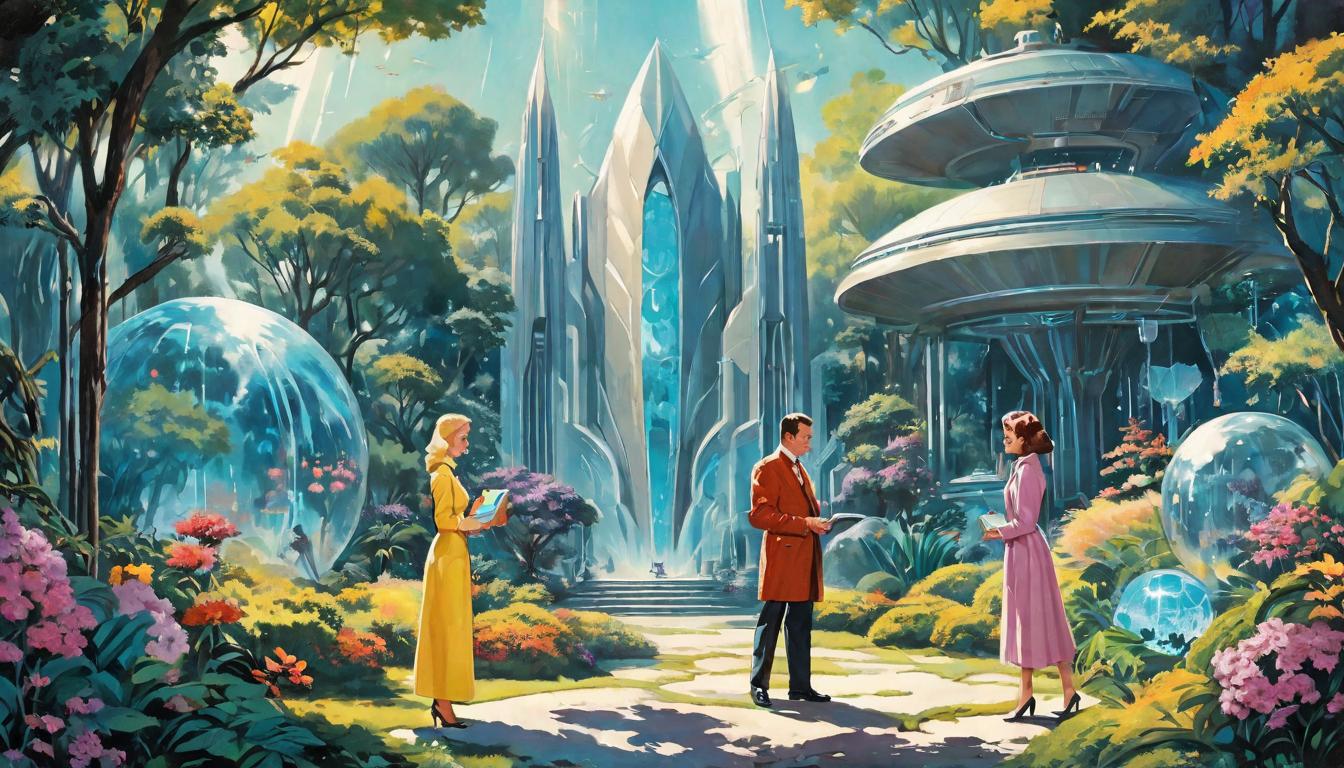  retro futuristic Arian individuals, large busted, exchanging gifts of crystals and books, in a garden of bloom lvintage sci fi, 50s and 60s style, atomic age, vibrant, highly detailed