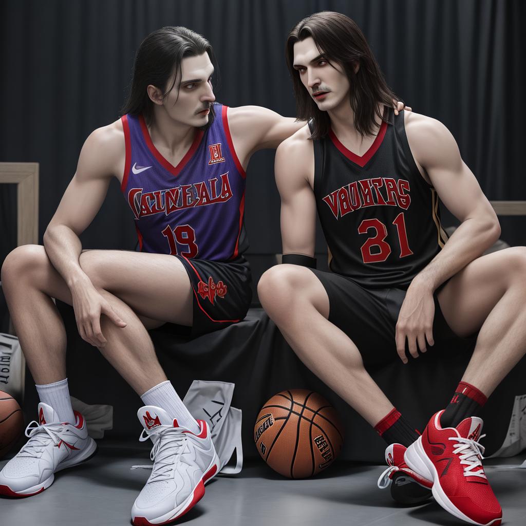  masterpiece, best quality, Vampire Vlad Dracula Țepeș from the series Castlevania, Dressed in a basketball jersey, tank top style top jersey, above knee bottom jersey, the jersey is for the team known as the bats, add bats to the jersey design. Wearing red sneakers on feet. Make vampire Vlad Dracula Țepeș a basketball player. Single person in photo. Pose with Crossed Arms and straight legs. Basketball between the feet.Do not add more than one person.