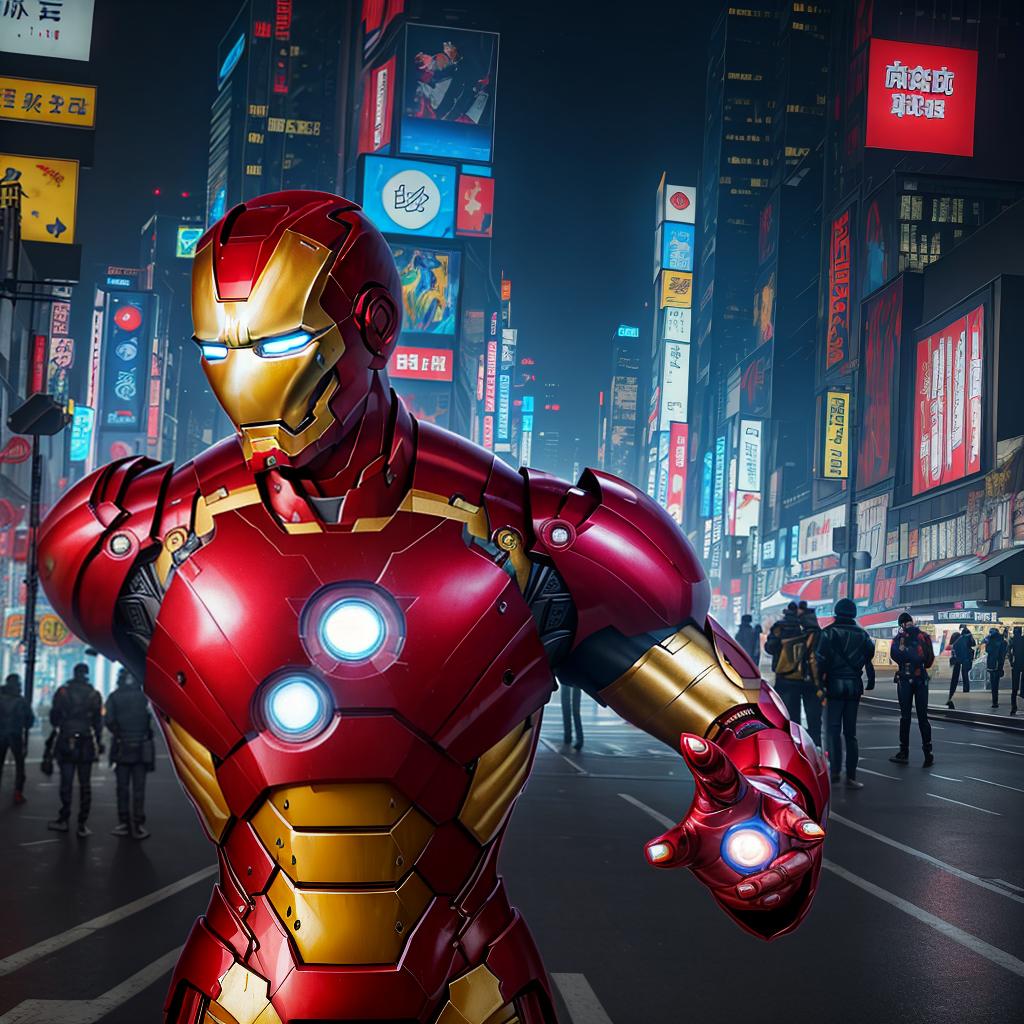  masterpiece, best quality, masterpiece, 8k resolution, realistic, highly detailed, Iron Man close-up. He stands on a street lined with tall buildings in a cyberpunk style city at night. The city's night lights are bright, and the surrounding buildings and streets are full of cyberpunk elements such as neon lights, high-tech equipment and futuristic architectural design.