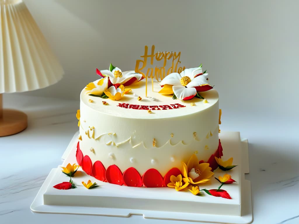  A beautifully decorated threetiered cake with intricate fondant details, vibrant colors, and delicate sugar flowers, displayed on a sleek, white marble countertop under soft, natural lighting. The cake is elegantly finished with a shimmering gold "Certificación en Repostería" plaque, exuding a sense of professionalism and artistry that is sure to inspire aspiring bakers and entrepreneurs. hyperrealistic, full body, detailed clothing, highly detailed, cinematic lighting, stunningly beautiful, intricate, sharp focus, f/1. 8, 85mm, (centered image composition), (professionally color graded), ((bright soft diffused light)), volumetric fog, trending on instagram, trending on tumblr, HDR 4K, 8K