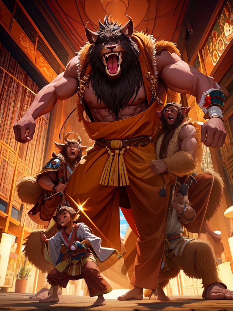  masterpiece, best quality, official art, extremely detailed cg 8k, brown furry male humanoid, small tusks protruding from mouth, muscular, athletic, build, hooded monks robe, long arms, Highly detailed, dynamic, lighting, high contrast, 3/4 profile view, martial artist stance, pointy ears, chiseled facial features, 7 foot height, large mouth, roaring, human head,