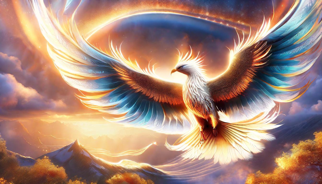  digital illustration Phoenix soaring above the earth, dawn breaking below; symbol of rebirth and new beginnings; digital art showing a majestic bird in flight with the world illuminated by the first light of dawn looking at viewer, dynamic pose, (intricate details, masterpiece, best quality)