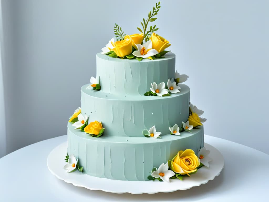  A highresolution, minimalist image showcasing a beautifully decorated tiered cake adorned with intricate sugar flowers and delicate piping details, set against a clean, uncluttered background to exude elegance and sophistication. The cake should be meticulously crafted, with each layer showcasing different techniques and design elements, serving as a visual representation of the exquisite prizes that await winners of baking competitions. hyperrealistic, full body, detailed clothing, highly detailed, cinematic lighting, stunningly beautiful, intricate, sharp focus, f/1. 8, 85mm, (centered image composition), (professionally color graded), ((bright soft diffused light)), volumetric fog, trending on instagram, trending on tumblr, HDR 4K, 8K