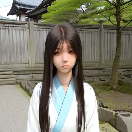  girl with slanted eyes and long hair without bangs and thin with Japanese features