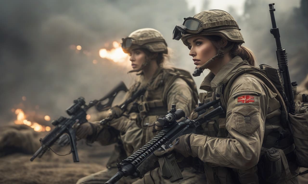  two girls in combat uniform with assault rifles, versus, combat action, battlefield hyperrealistic, full body, detailed clothing, highly detailed, cinematic lighting, stunningly beautiful, intricate, sharp focus, f/1. 8, 85mm, (centered image composition), (professionally color graded), ((bright soft diffused light)), volumetric fog, trending on instagram, trending on tumblr, HDR 4K, 8K