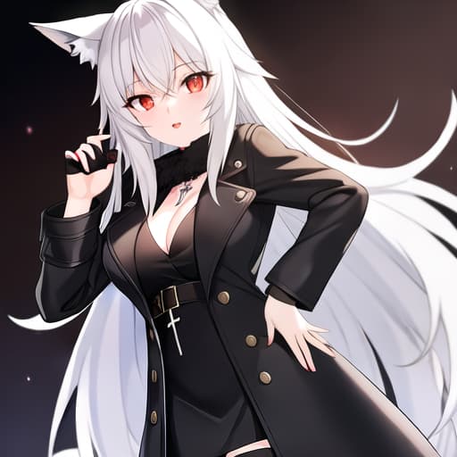  wolf girl, black fur, dressed in a white trench coat with black touches, black boots, bright eyes, with a cross necklace, sapphire red eyes,, big