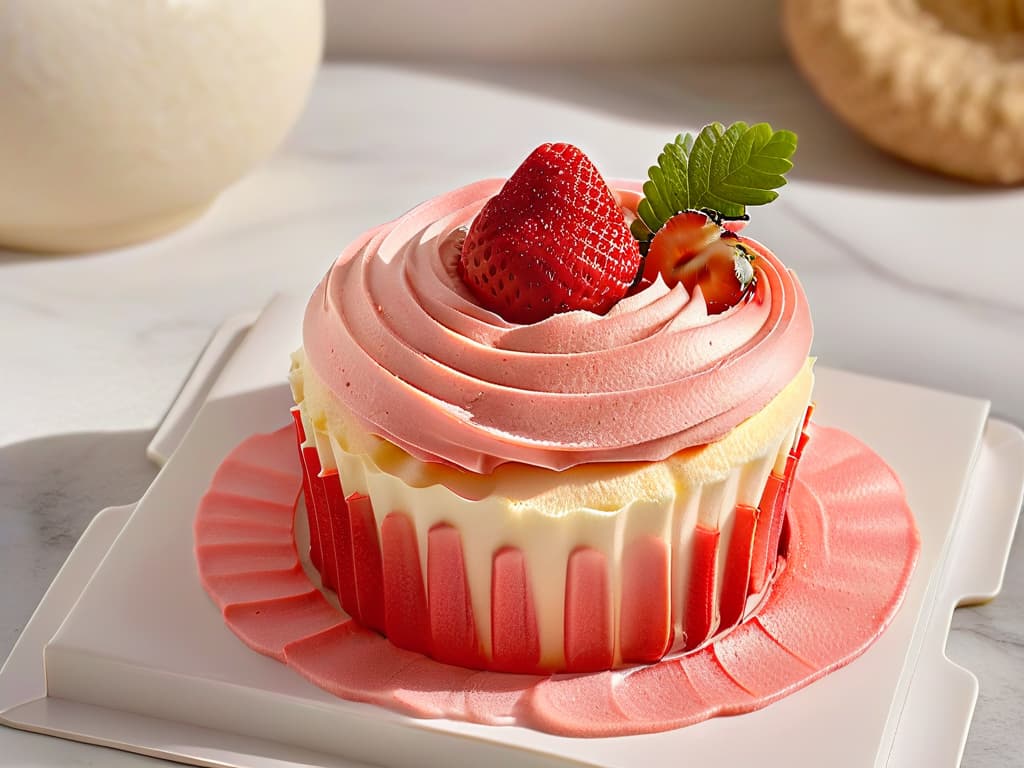  An ultradetailed image showcasing a pristine white cupcake topped with a swirl of pink champagneinfused frosting, delicately adorned with a fresh, vibrant strawberry perched on top. The cupcake is elegantly placed on a sleek, modern marble countertop, with soft natural lighting casting a gentle glow, highlighting the intricate details of the frosting and the glistening strawberry. The overall aesthetic is minimalist, with a focus on the luxurious simplicity of the cupcake and its exquisite components. hyperrealistic, full body, detailed clothing, highly detailed, cinematic lighting, stunningly beautiful, intricate, sharp focus, f/1. 8, 85mm, (centered image composition), (professionally color graded), ((bright soft diffused light)), volumetric fog, trending on instagram, trending on tumblr, HDR 4K, 8K