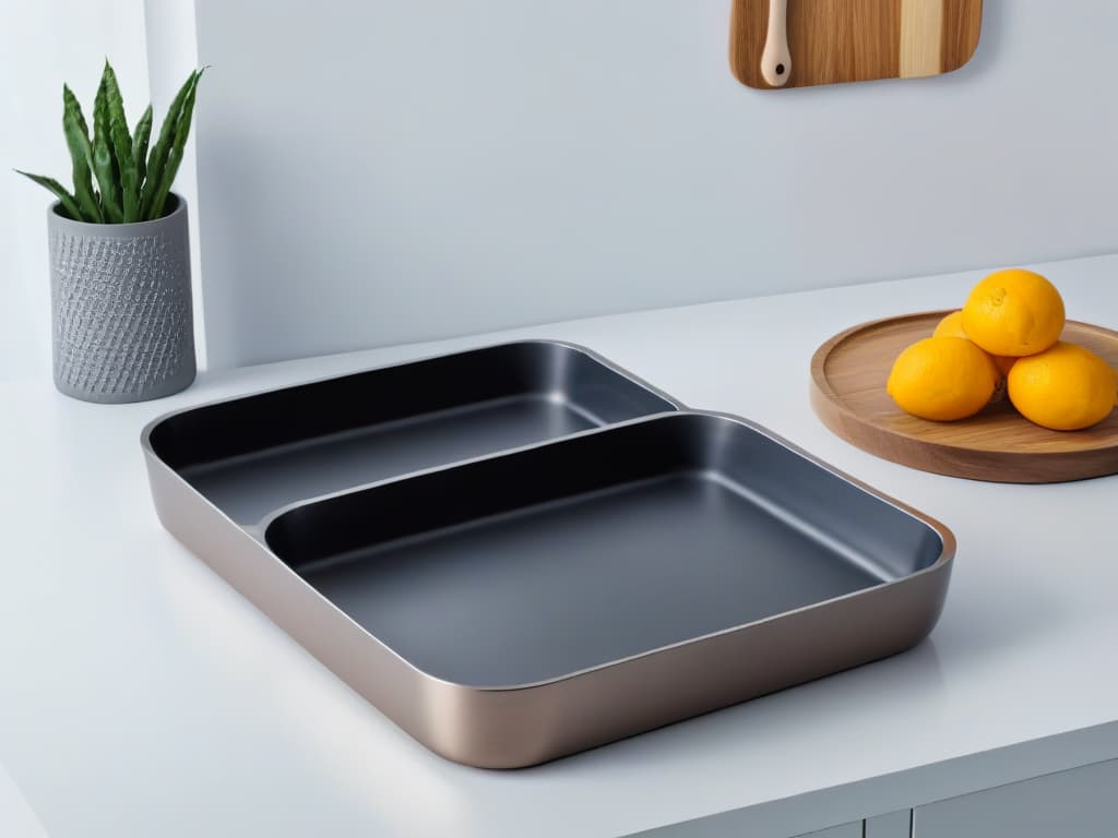  A highquality, ultradetailed image of a minimalist kitchen setting, featuring a sleek and modern stainless steel countertop adorned with an array of beautifully textured, artisanal bakeware made from sustainable materials like ceramic and cast iron. Each mold and baking dish is uniquely designed with intricate patterns and earthy tones, exuding a sense of elegance and craftsmanship that challenges the conventional use of nonstick molds in baking. The image captures the essence of a sophisticated and ecoconscious approach to baking, inviting the viewer to explore alternative options to traditional nonstick bakeware. hyperrealistic, full body, detailed clothing, highly detailed, cinematic lighting, stunningly beautiful, intricate, sharp focus, f/1. 8, 85mm, (centered image composition), (professionally color graded), ((bright soft diffused light)), volumetric fog, trending on instagram, trending on tumblr, HDR 4K, 8K