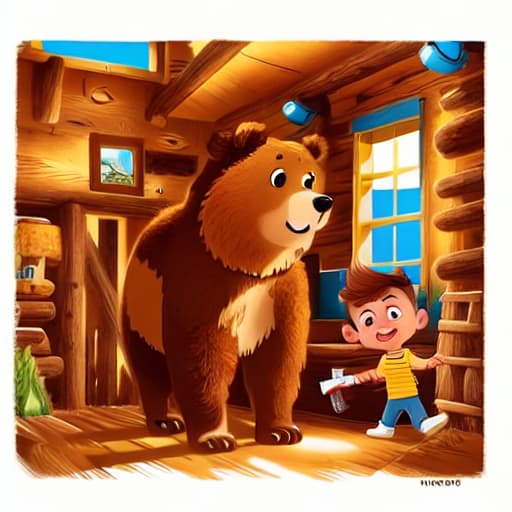  a boy with brown short hair and yellow shirt and blue jeans, a bear standing, in cabin