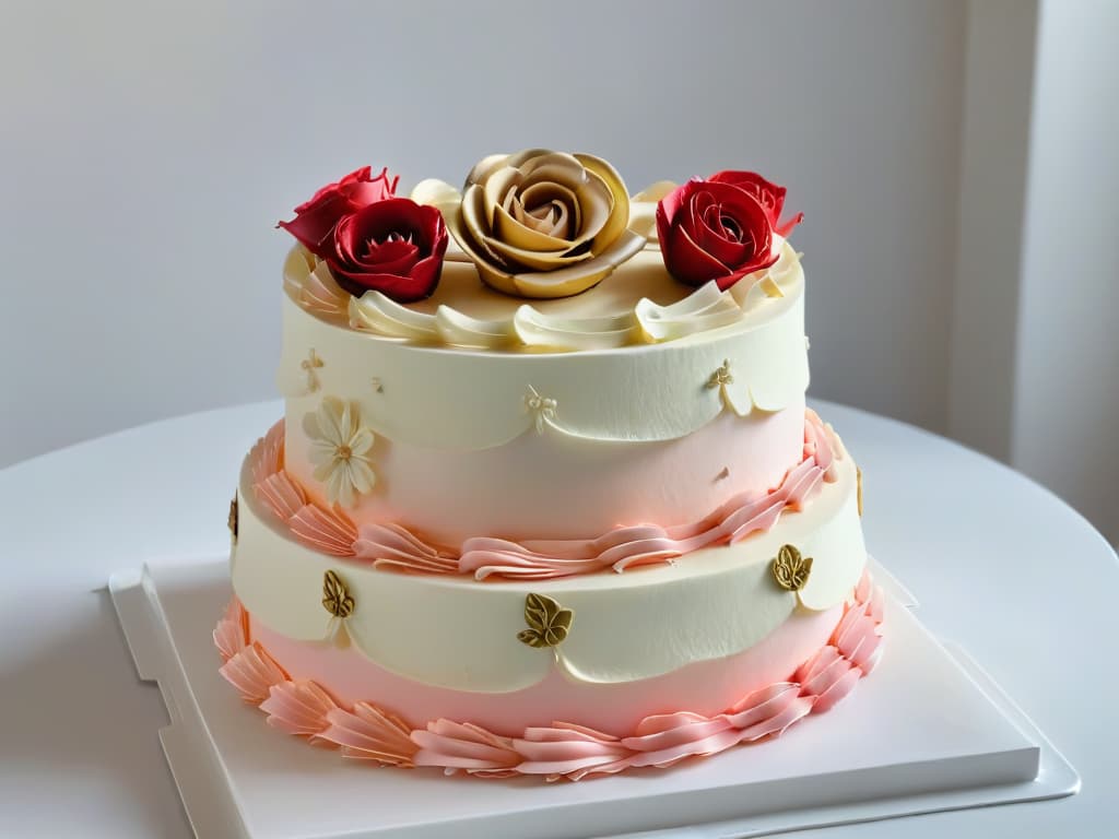  An intricately designed threetiered cake adorned with delicate sugar roses in various shades of pink and white. The background is a softfocus, creating a dreamy and elegant atmosphere around the centerpiece cake. Each tier is meticulously decorated with intricate piping work and edible gold leaf detailing, showcasing the artistry and skill of a master pastry chef. The overall aesthetic is clean, modern, and sophisticated, perfectly encapsulating the fusion of timeless classics and modern trends in the world of pastry arts. hyperrealistic, full body, detailed clothing, highly detailed, cinematic lighting, stunningly beautiful, intricate, sharp focus, f/1. 8, 85mm, (centered image composition), (professionally color graded), ((bright soft diffused light)), volumetric fog, trending on instagram, trending on tumblr, HDR 4K, 8K