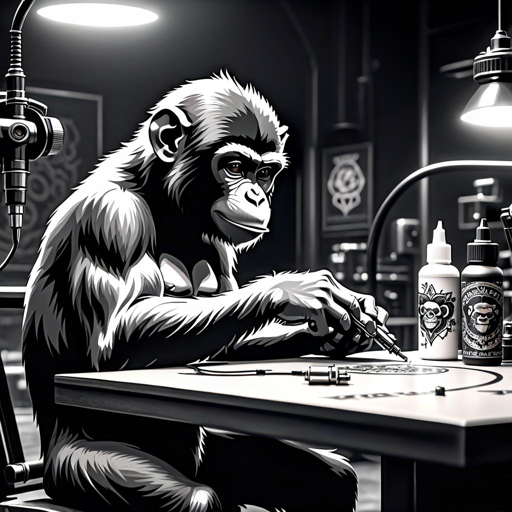  monochrome drawing, an animal a monkey sitting at a table and drinking a tattoo, brutal, black and white graffiti, holding a tattoo machine in its paws . black and white, contrast, tone, texture, detailed hyperrealistic, full body, detailed clothing, highly detailed, cinematic lighting, stunningly beautiful, intricate, sharp focus, f/1. 8, 85mm, (centered image composition), (professionally color graded), ((bright soft diffused light)), volumetric fog, trending on instagram, trending on tumblr, HDR 4K, 8K