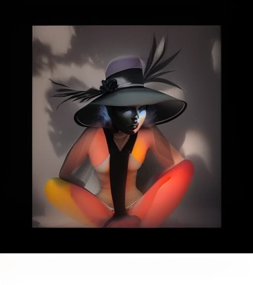  a colorfully presented, 3d picture of A woman in a hat with features who is sitting on the ground, with a black body, and a white face, shadow reflecting, , hyperrealistic, high quality, highly detailed, perfect lighting, intricate, sharp focus, f/1. 8, 85mm, (centered image composition), (professionally color graded), ((bright soft diffused light)), trending on instagram, HDR 4K, 8K