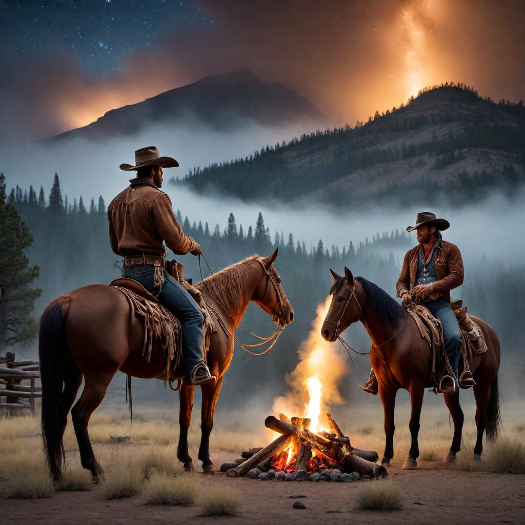  A vivid and nostalgic scene depicting cowboys from the past life. Imagine a group of rugged cowboys gathered around a campfire under a vast, starry night sky. There are horses tied nearby, and the cowboys are wearing traditional attire with hats, boots, and bandanas. A sense of camaraderie and adventure pervades the image, reflecting the rugged life they led in the wild west. hyperrealistic, full body, detailed clothing, highly detailed, cinematic lighting, stunningly beautiful, intricate, sharp focus, f/1. 8, 85mm, (centered image composition), (professionally color graded), ((bright soft diffused light)), volumetric fog, trending on instagram, trending on tumblr, HDR 4K, 8K