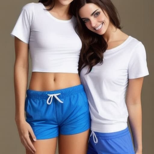  2 hot brunettes smilie in white t-shirt and blue shorts make love