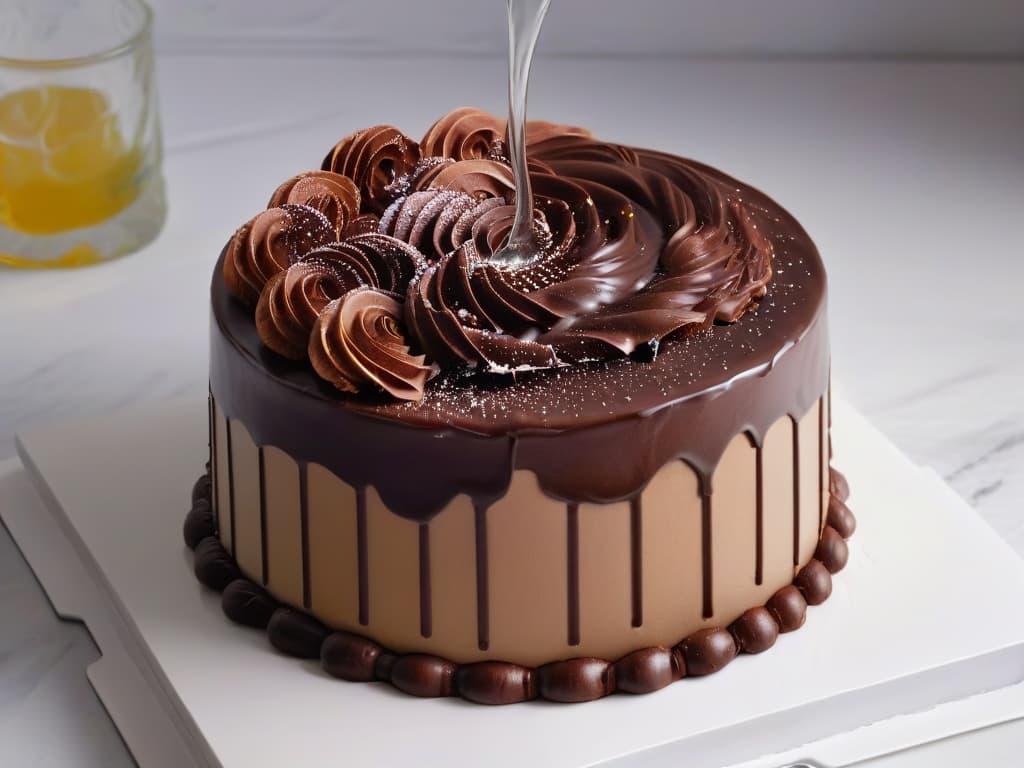  A closeup, photorealistic image of a glossy chocolate ganache being poured over a perfectly smooth and chilled cake, with delicate swirls and drips captured in exquisite detail. The ganache is cascading down the sides of the cake, creating a mesmerizing pattern as it solidifies upon contact with the cool surface. The rich, velvety texture of the ganache contrasts beautifully with the flawless, slightly glossy finish of the cake, highlighting the importance of temperature control in achieving impeccable results in pastry making. hyperrealistic, full body, detailed clothing, highly detailed, cinematic lighting, stunningly beautiful, intricate, sharp focus, f/1. 8, 85mm, (centered image composition), (professionally color graded), ((bright soft diffused light)), volumetric fog, trending on instagram, trending on tumblr, HDR 4K, 8K