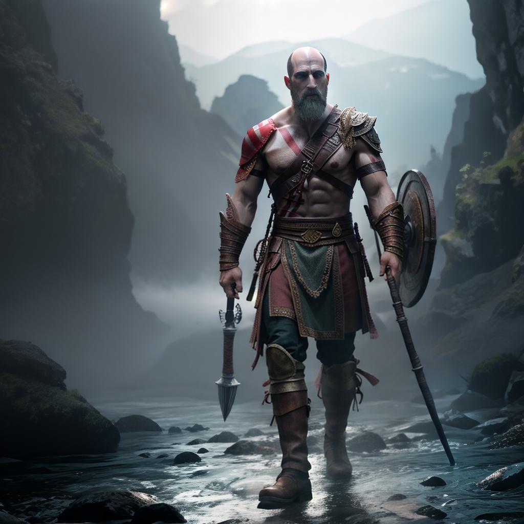  God of war hyperrealistic, full body, detailed clothing, highly detailed, cinematic lighting, stunningly beautiful, intricate, sharp focus, f/1. 8, 85mm, (centered image composition), (professionally color graded), ((bright soft diffused light)), volumetric fog, trending on instagram, trending on tumblr, HDR 4K, 8K