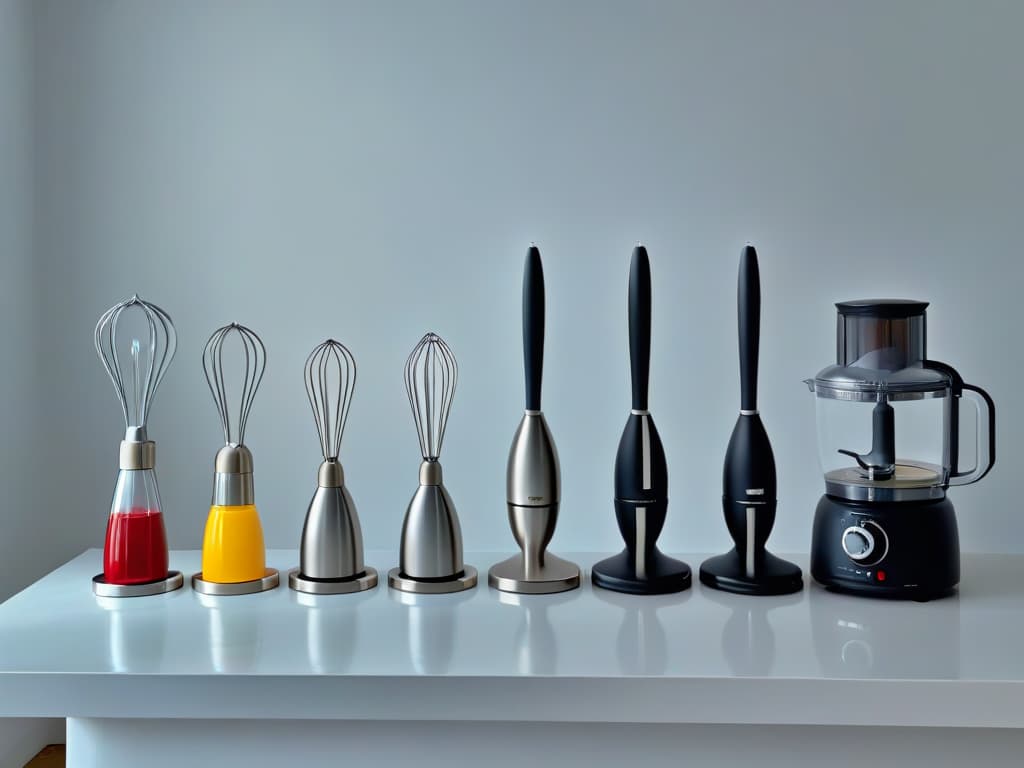  An ultradetailed image of a sleek, modern kitchen countertop with a row of various highend electric whisk attachments neatly lined up, showcasing different designs and sizes, all illuminated by soft, natural light streaming in from a nearby window. The varillas eléctricas are meticulously arranged against a backdrop of polished marble, with each one casting a subtle shadow, highlighting their intricate features and craftsmanship. This minimalist composition conveys a sense of precision and sophistication, appealing to the professional and discerning audience interested in the art of pastry making. hyperrealistic, full body, detailed clothing, highly detailed, cinematic lighting, stunningly beautiful, intricate, sharp focus, f/1. 8, 85mm, (centered image composition), (professionally color graded), ((bright soft diffused light)), volumetric fog, trending on instagram, trending on tumblr, HDR 4K, 8K