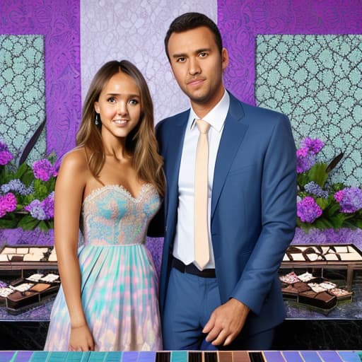  Beautiful Jessica Alba and boyfriend looking down (lace multi colored pastel designer dress, men’s blue business suit)(dark shadowed lighting)(Superrealism)(Foreground: open small box of fine dark chocolates on a reflective marble serving table) Background lush garden with fountain.