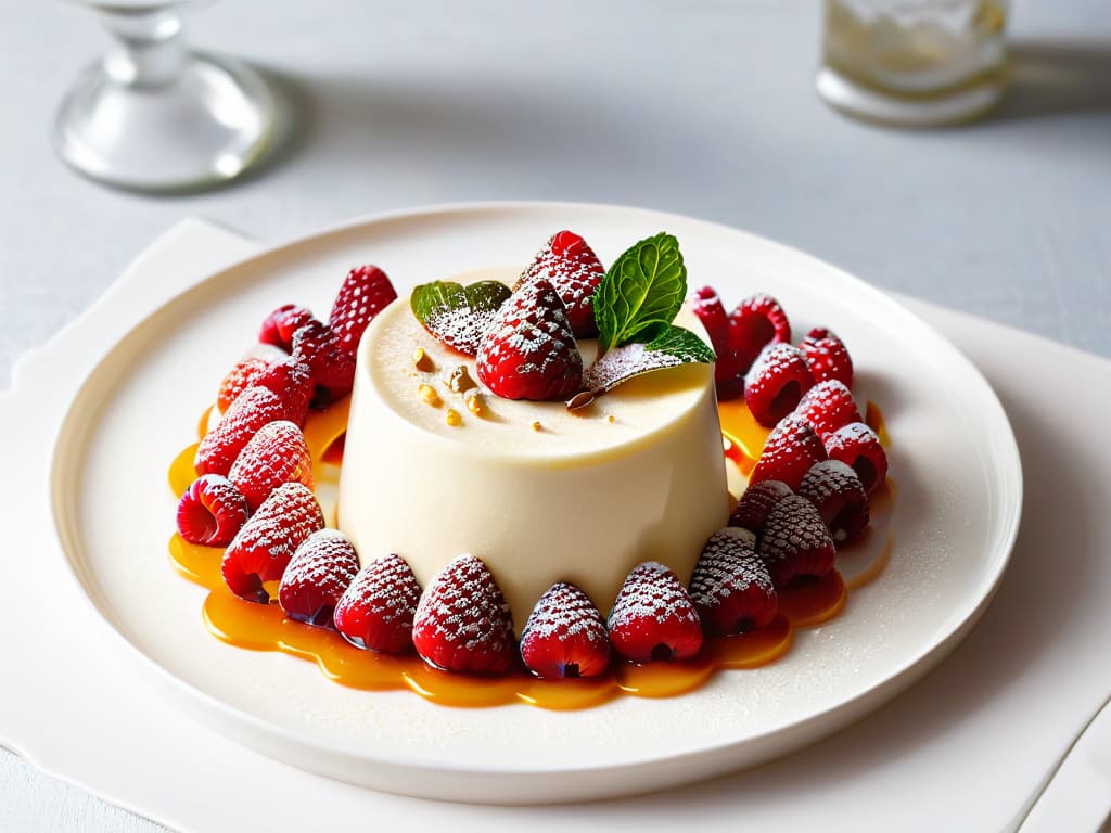  A minimalist, highresolution image of a delicate, elegant dessert plated on a simple, white dish. The dessert is a beautifully crafted panna cotta topped with a glossy, caramelized umamirich miso glaze, garnished with fresh raspberries, mint leaves, and a sprinkle of toasted sesame seeds. The presentation is exquisite, showcasing the fusion of sweet and savory flavors in a visually appealing and appetizing way. The soft lighting emphasizes the textures and colors of the dessert, creating a sophisticated and inviting image that perfectly complements the article's focus on incorporating umami into desserts. hyperrealistic, full body, detailed clothing, highly detailed, cinematic lighting, stunningly beautiful, intricate, sharp focus, f/1. 8, 85mm, (centered image composition), (professionally color graded), ((bright soft diffused light)), volumetric fog, trending on instagram, trending on tumblr, HDR 4K, 8K