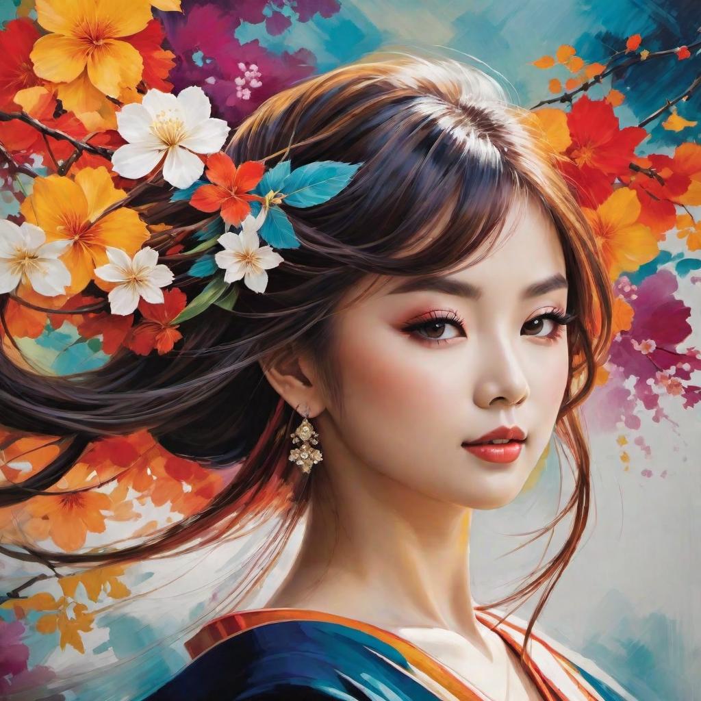  in a Japanese art style, Infuse a burst of vibrant colors into the canvas as you capture the dynamic movement of a girl's flowing hair, creating a lively and enchanting masterpiece.