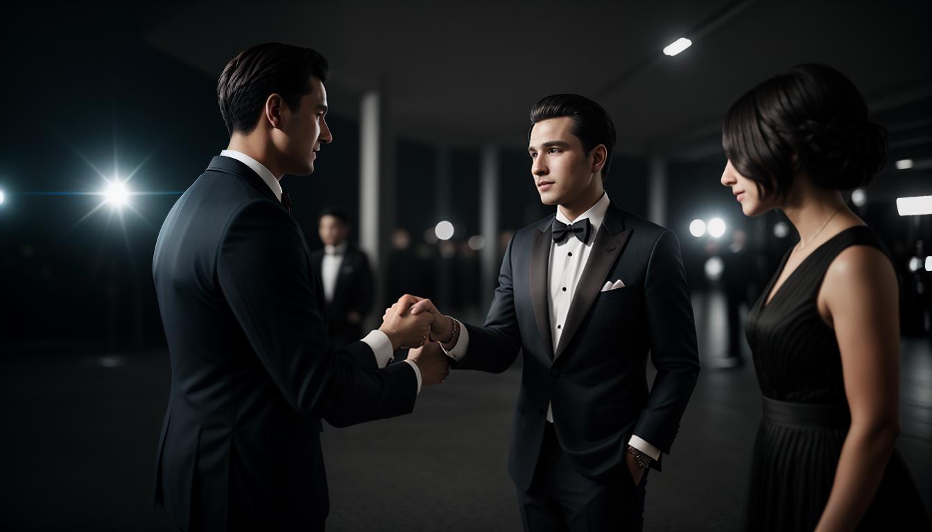  cinematic, aesthetic, Person in a sharp suit, extending a handshake, establishing rapport, background with subtle features of a professional environment, thoughtful expressions, precise interaction, 4k, HDR, lens flare