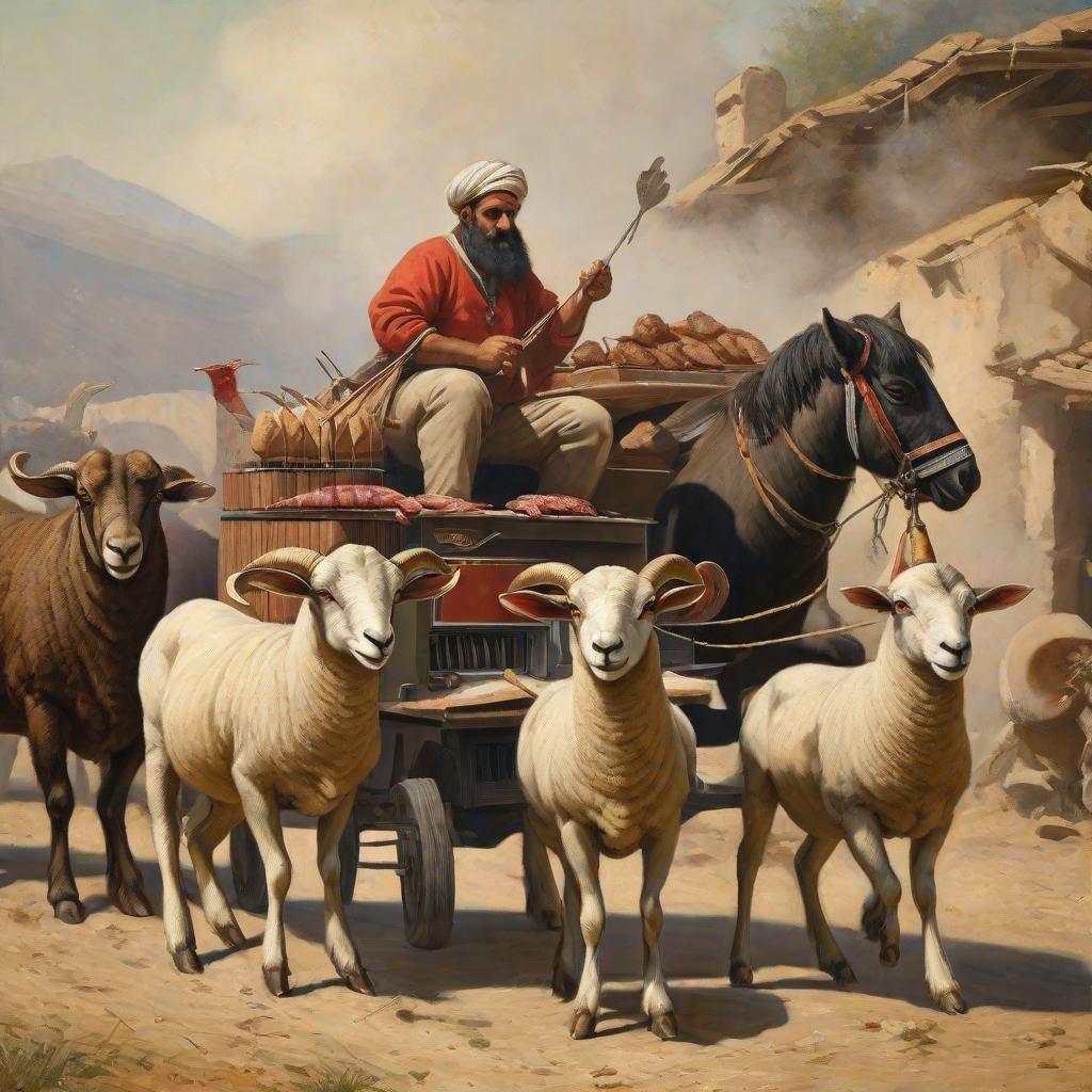  masterpiece, best quality, 2 rams are riding in a team. Between them is a grill where an Armenian guy is making shish kebab on skewers.