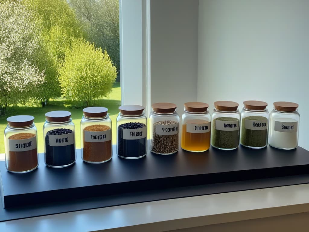  A photorealistic image of a pristine kitchen countertop filled with a variety of natural and artificial sweeteners neatly organized in elegant glass jars and bowls. The scene includes ingredients like honey, stevia leaves, agave nectar, monk fruit extract, and granulated sugar, showcasing a range of options for baking and dessert making. The soft natural light filtering through a nearby window highlights the textures and colors of the sweeteners, creating an inviting and visually appealing composition for the article on natural and artificial sweeteners in baking. hyperrealistic, full body, detailed clothing, highly detailed, cinematic lighting, stunningly beautiful, intricate, sharp focus, f/1. 8, 85mm, (centered image composition), (professionally color graded), ((bright soft diffused light)), volumetric fog, trending on instagram, trending on tumblr, HDR 4K, 8K