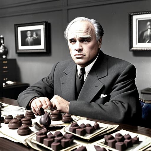  Elderly Marlon Brando, dressed in a black and gray 1940’s dress suit inside a dark office of his mansion. Foreground plates of fine dark chocolates on a table. Background dark office with men holding guns Painting style of Edgar Degas