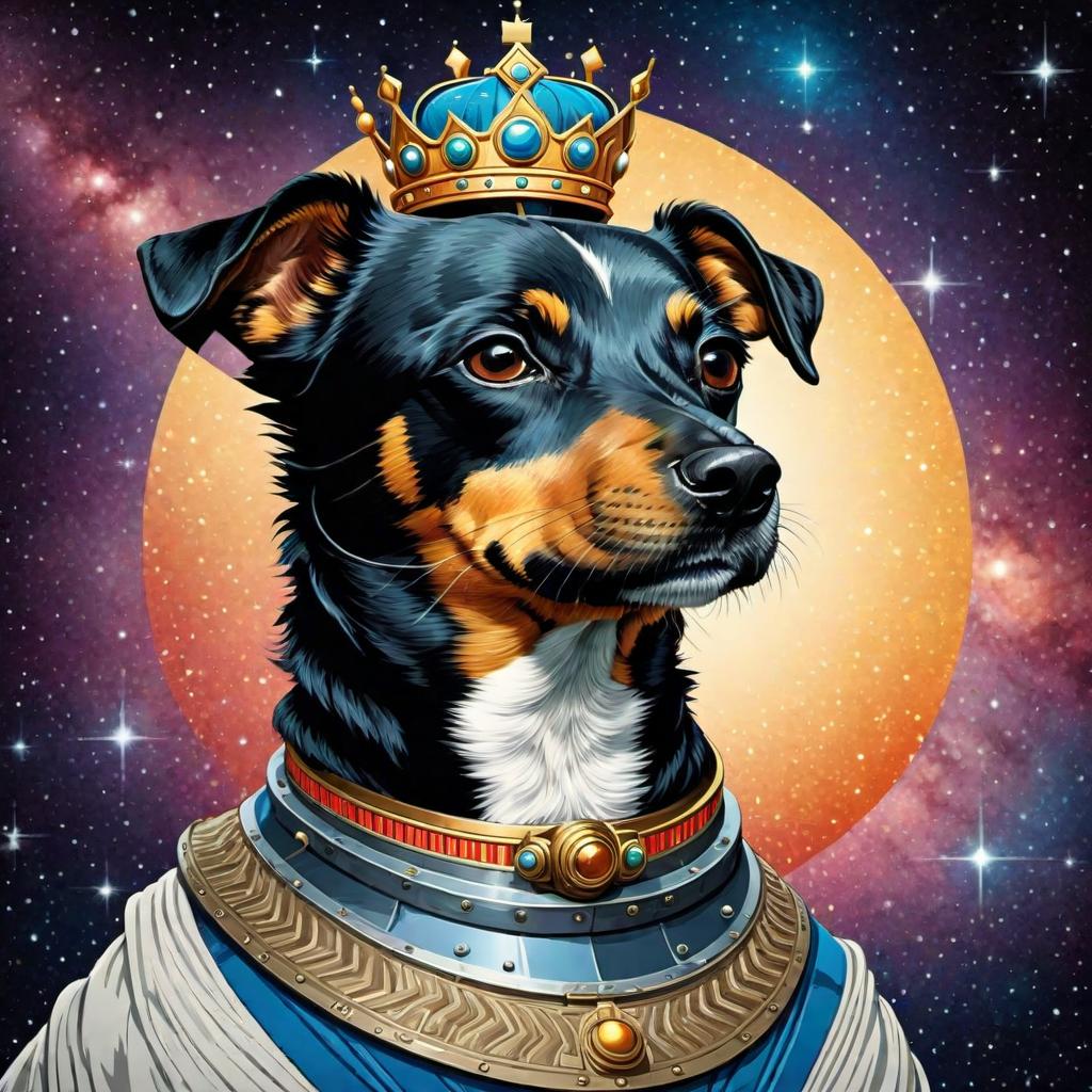  An illustrated portrait, head of jalil dog in space wearing a well fitted crown, greek column background, Beautiful colors, pencil sketches, Vector illustration, Cel shaded, Flat, 2D, style of dan matutina, In the style of studio ghibli, Art by Hiroshi Saitō, bold lines, Bold the drawing lines, Amazing details, highly detailed, high quality