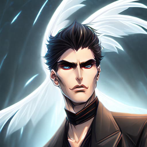 portrait+ style A handsome male vampire with long flowing black feathered wings protruding from his back. Hyper-realistic, vivid, award winning image, Artstation trending, insanely detailed, masterpiece.