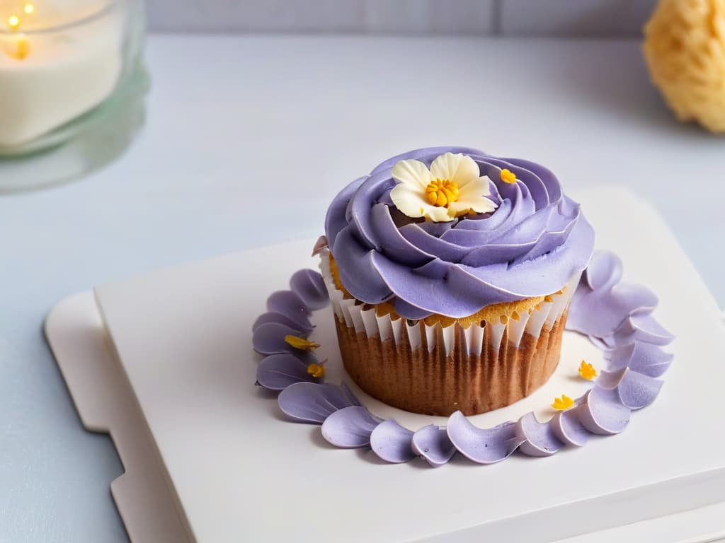  A closeup, ultradetailed image of a beautifully decorated keto cupcake on a modern, sleek plate. The cupcake is topped with a swirl of fluffy, pastelcolored frosting, delicate edible flowers, and a sprinkle of crushed nuts, all set against a soft, blurred background that enhances the intricate details of the dessert. The lighting highlights the textures and colors, making the cupcake look both decadent and guiltfree. hyperrealistic, full body, detailed clothing, highly detailed, cinematic lighting, stunningly beautiful, intricate, sharp focus, f/1. 8, 85mm, (centered image composition), (professionally color graded), ((bright soft diffused light)), volumetric fog, trending on instagram, trending on tumblr, HDR 4K, 8K