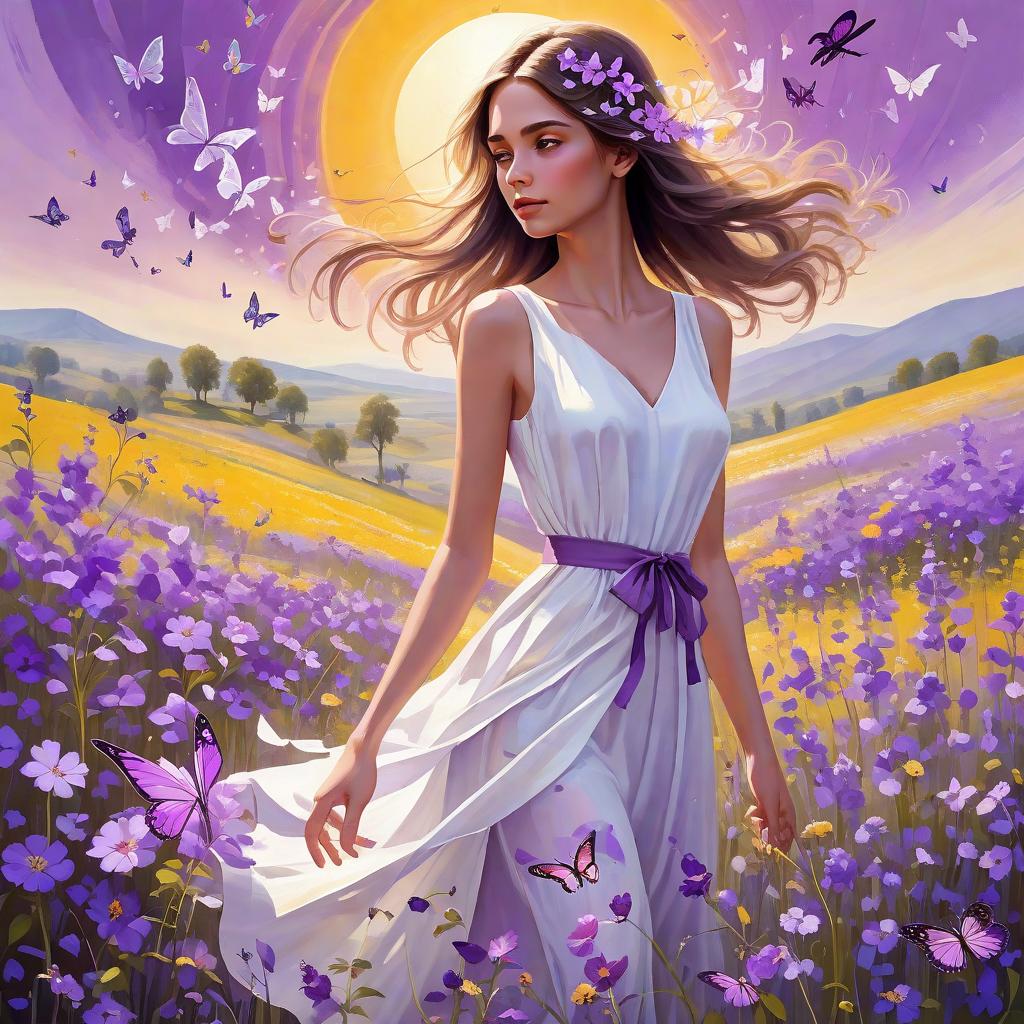  abstract artwork, A beautiful girl in a white dress is walking in a field of purple flowers and you see butterflies and birds flying and there is a beautiful sun and you see Saufek hills of Dasha and the woman has a purple flower on her ear