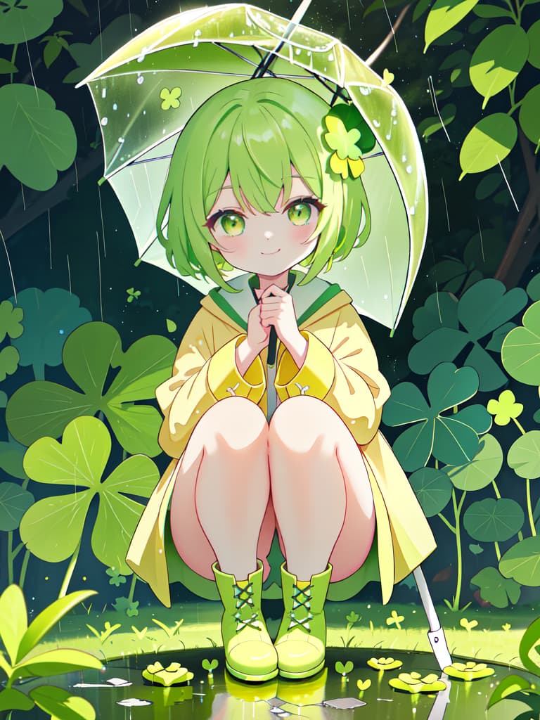  Staring at the four leaf clover with an umbrella in the rain, a yellow raincoat and a yellow green haired girl with boots, crouching and staring at the four leaf clover on the ground and staring with a smile., masterpiece, best quality,8k,ultra detailed,high resolution,an extremely delicate and beautiful,hyper detail